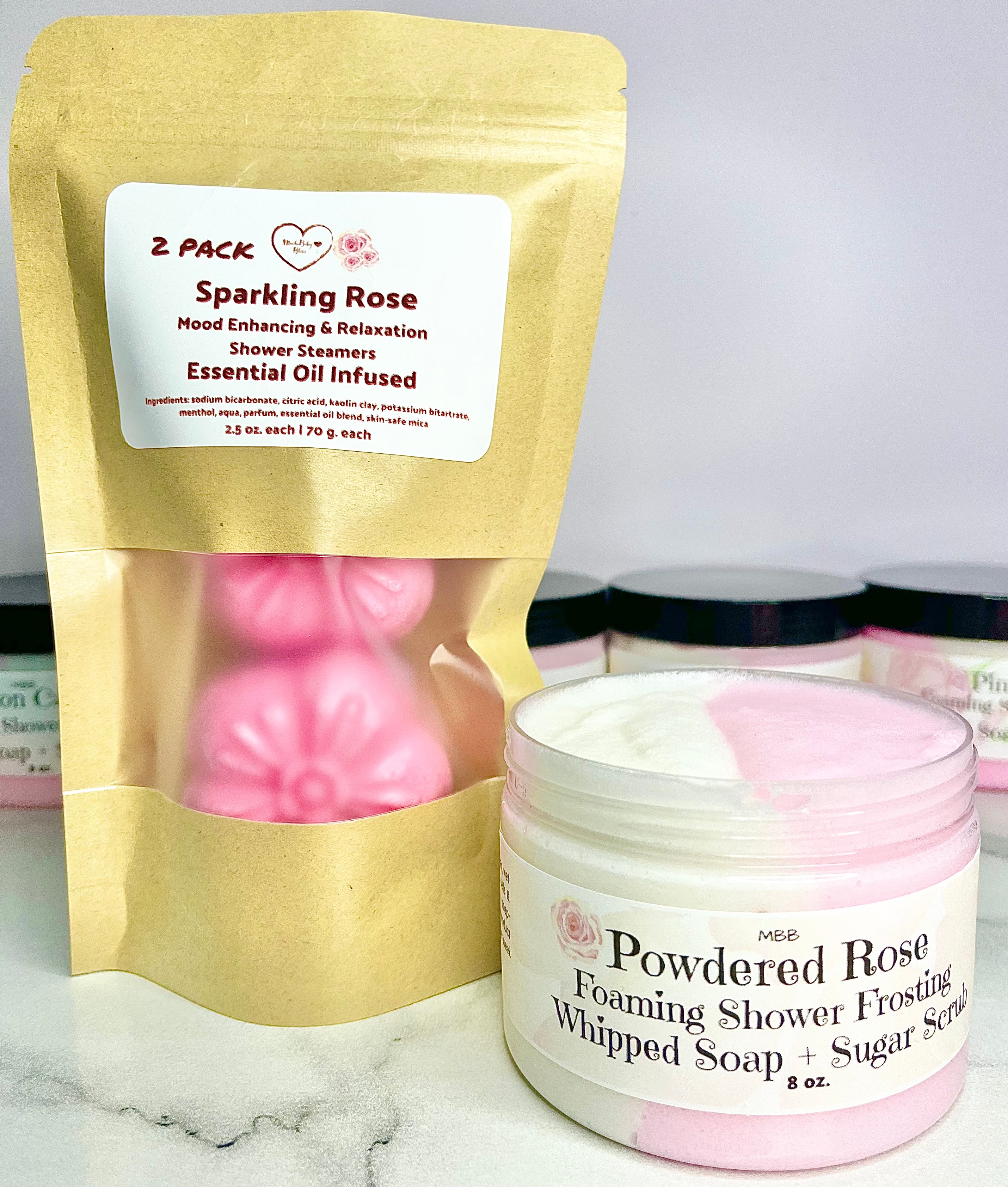 2-Pack Shower Steamers & Foaming Shower Frosting Mini Rose Spa Bundle | Sparkling Rose Steamers | Foaming Whipped Soap Sugar Scrub