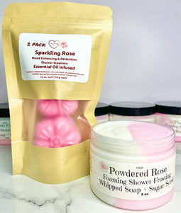 2-Pack Shower Steamers & Foaming Shower Frosting Mini Rose Spa Bundle | Sparkling Rose Steamers | Foaming Whipped Soap Sugar Scrub